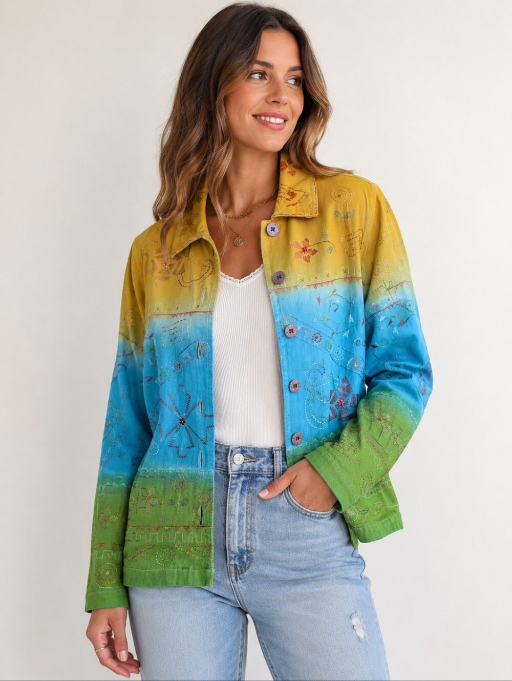 Studio Works Embroidered Ombre Jacket Size Small Boho Cotton Button Front Artsy